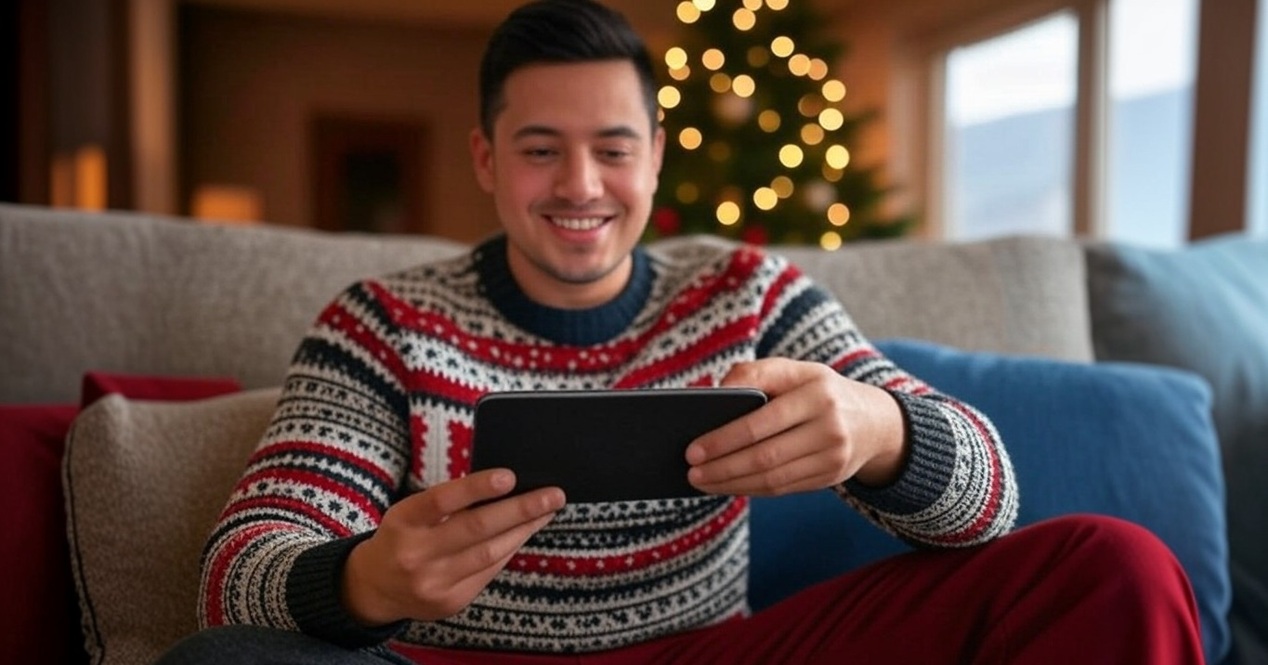 Hombre con una tablet en Navidad